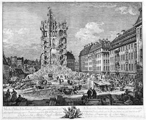 Vue des Debris de la Croix, qui s'ecroula le 22me de Juin 1765, dans le Tems qu'on commencoit a relever l'Eglise, laquelle avait peri par le Bombardem Vue des Debris de la Croix, qui s'ecroula le 22me de Juin 1765, dans le Tems qu'on commencoit a relever l'Eglise, laquelle avait peri par le Bombardem