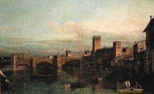 The Castelvecchio and the Ponte Scaligero, Verona by Bernardo Bellotto