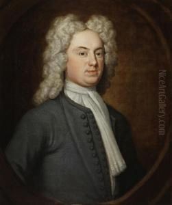 Portrait Of A Gentleman, Said To Be John Fidoe, Half-length, In A Grey Coat And A White Jabot, Within A Stone Painted Oval by John Vanderbank