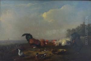 Two Cocks Fighting By A Feed Bowl, A Hen Looking On, Amallard Drake And Wood Pigeon In Foreground by Francois Vandeverdonck