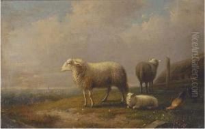 Sheep And Chickens In A Meadow, A Town Beyond by Francois Vandeverdonck