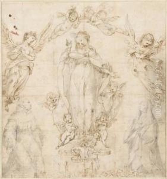La Vierge, Protectrice De Sienne, Avec Saint Bernardin Et Saintecatherine, Les Saints Patrons De La Ville, Entoures D'anges - view 1