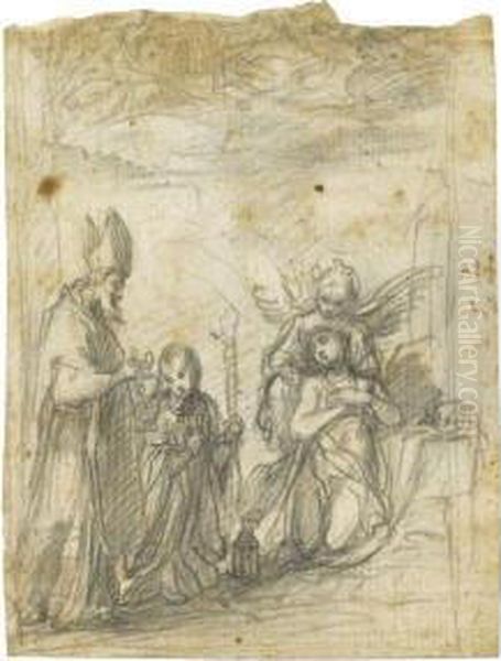 A Bishop Saint Before A Female Saint, Possibly Saint Catherineof Siena, Supported By An Angel - view 1