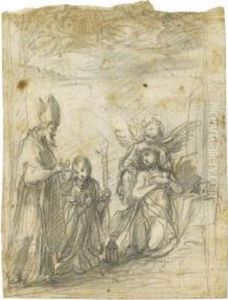 A Bishop Saint Before A Female Saint, Possibly Saint Catherineof Siena, Supported By An Angel