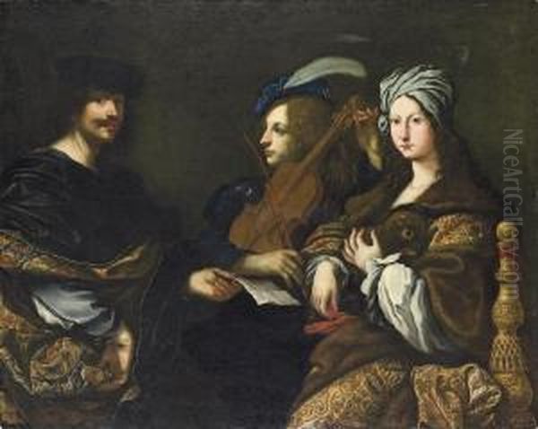 Portrait Of The Artist, Half-length, Holding A Sheet Of Music, With A Violinist And A Lady Holding A Lap Dog - view 1