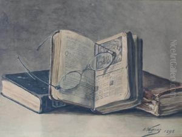 Nature Morte Au Livre Ouvert Et A La Paire De Lunettes - view 1
