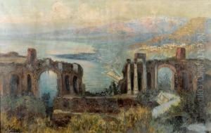 Das Antike Theater Von Taormina Mit Blick Auf Den Atna.