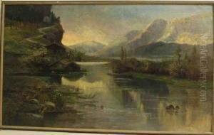 Gebirgssee Mit Bauernhof Vor Alpenpanorama by Gerelamo Varese