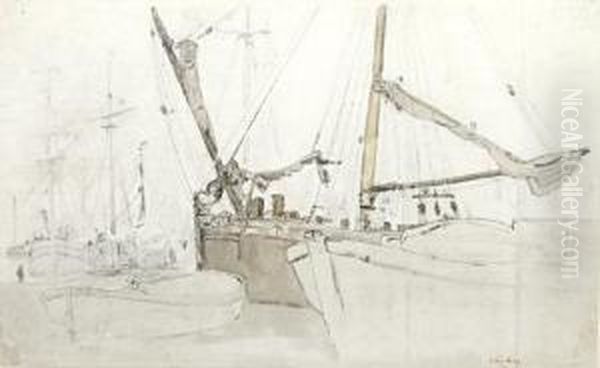 A Study Of A Crowded Harbour With Shipping At Anchor - view 1