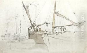 A Study Of A Crowded Harbour With Shipping At Anchor by Cornelius Varley