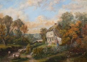 Country Cottage With Figures And Child And Ashepherd Herding Sheep Past A Gate