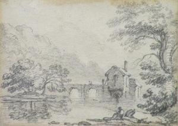 An Angler In A Wooded River Landscape - view 1
