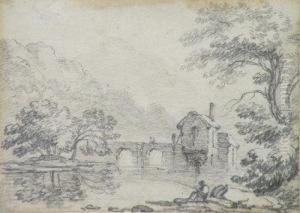 An Angler In A Wooded River Landscape by John Varley
