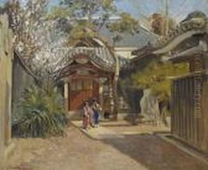 A Temple Courtyard; Figures Before A House by John Jnr. Varley