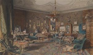 Herrschaftliches Interieur Mit Jagdtrophaen An Der Wand