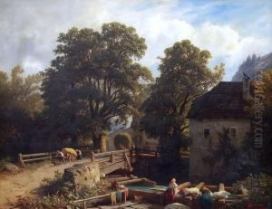 Landliche Idylle Mit Wascherinnen Und Fuhrwerk
