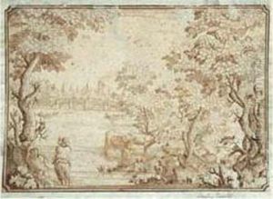 Paysan Et Vaches Dans Un Paysage Fluviale Anime by Jacobus Vaselli