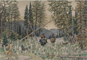 Hunters On Horseback In A Pine Forest by Apollinarii Mikhailovich Vasnetsov