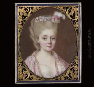 A Lady, In White Dress, Lace-bordered Pink And White Striped Surcoat With Pink Ribbons, Roses And White Plumes In Her Powdered Hair