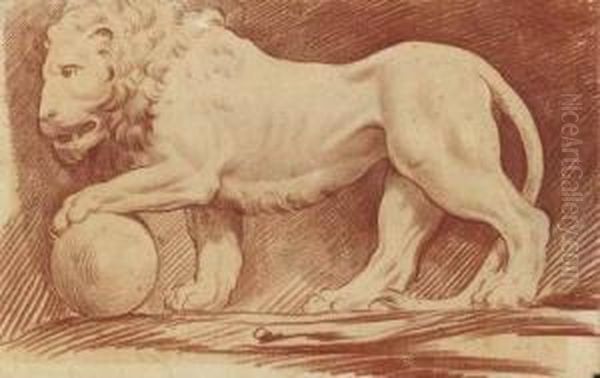 A Lion In Profile To The Left, His Left Paw Resting On Asphere - view 1