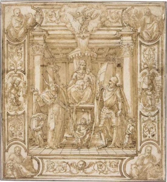 Design For A Banner: The Madonna And Child Enthroned, Flanked By Two Saints, St.george On The Right, The Four Evangelists At The Corners, Part Of A Decorative Border - view 1