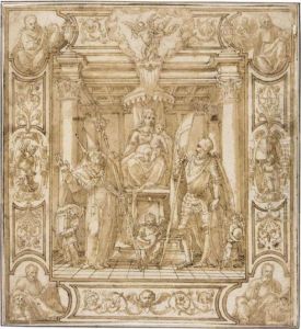 Design For A Banner: The Madonna And Child Enthroned, Flanked By Two Saints, St.george On The Right, The Four Evangelists At The Corners, Part Of A Decorative Border by Antonio da Vassilacchi