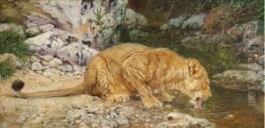 A Lioness At The Watering Hole by Geza Vastagh