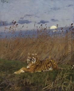 A Tiger Among Rushes In The Moonlight by Geza Vastagh