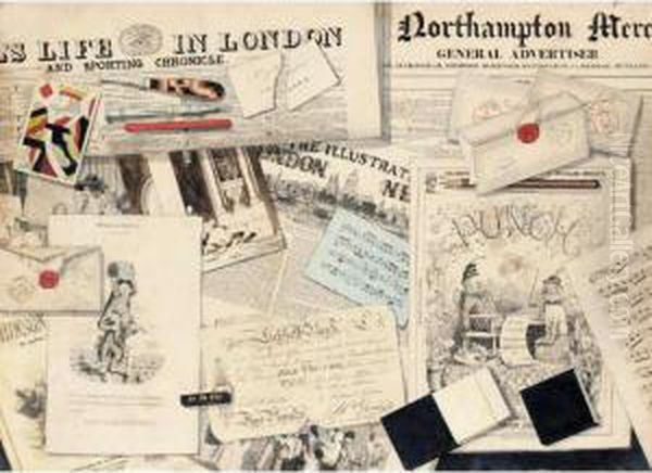 A Trompe L'oeil Of Newspaper, Banknotes, Playing Cards, Envelopes And Prints - view 1