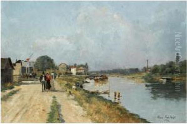 Figures Along A Canal Near Paris - view 1