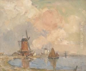 Uferpartie Mit Windmuhlen by Ernest Vauthrin