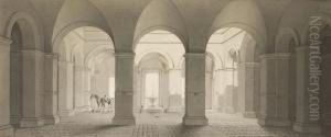 A Courtyard With A Man Grooming A Horse by Jean Lubin Vauzelle