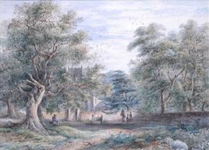 Thevillage Stocks, A Wooded Summer Landscape With Figures And Churchbeyond by George Robert Vawser