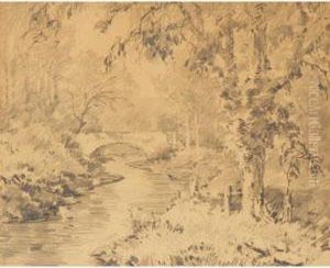 Wooded Indiana Landscape With Bridge by John William, Will Vawter