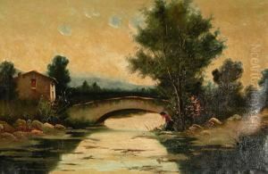 Mujer Lavando En El Rio.
 Oleo Sobre Lienzo. 61 X 92 Cms