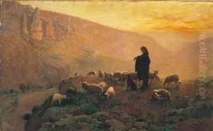 Paisaje De Montana Con Pastor Y Su Rebano Al Atardecer by Paul Vayson
