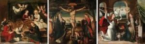 The Birth Of The Virgin; The Annunciation; And The Crucifixion: Compartments Of A Retable by Antonio Vazquez
