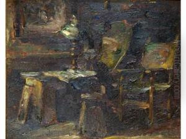 Interieur De La Piece De Repos Huile Sur Panneau Signee En Haut A Gauche 29 X 23.20 Cm - view 1