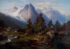 Alpine Landscape With Figures by Hugo Veit