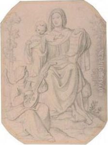 Maria Und Kind Mit Musizierendem Engel In Der Landschaft. Maria Und Kind Mit Musizierendem Engel In Der Landschaft.