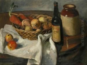 A Still Life With Onions And A Bottle by Rudolf Vejrych