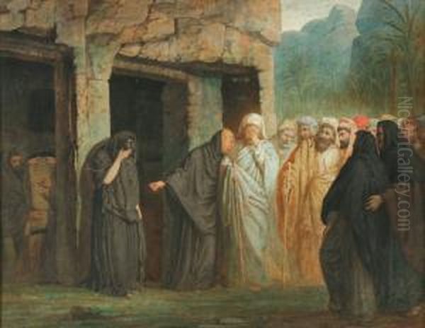 Oriental Landscapewith Priests And Some Crying Women Near A Stone Building - view 1