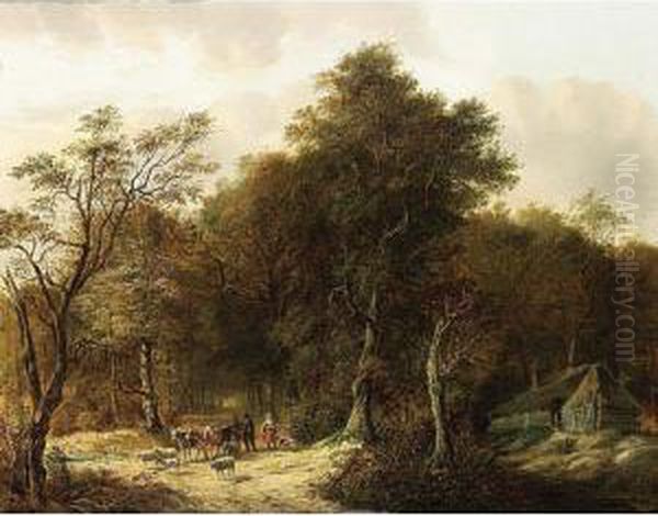 Travellers With Their Herd On A Path In A Forest - view 1