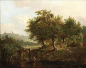 Fishermen Pulling Up A Net Near A Bridge In A Hilly Landscape by Johan Diderik Corn. Veltens