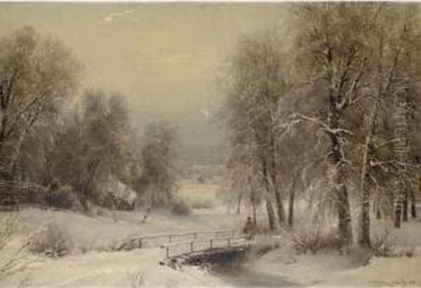 A Winter Landscape With A Figure Crossing A Bridge - view 1