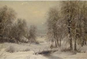 A Winter Landscape With A Figure Crossing A Bridge A Winter Landscape With A Figure Crossing A Bridge