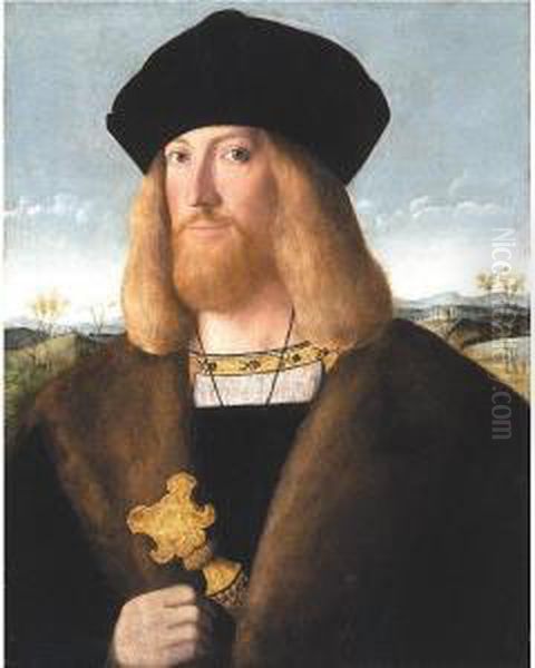 Portrait Of A Bearded Gentleman, Half Length, Wearing A Hat And Fur-lined Coat And Holding A Dagger, A Landscape Beyond - view 1