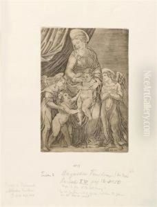 The Holy Virgin With Child And Two Angels Handing A Cross To The Child John by Agostino dei Musi