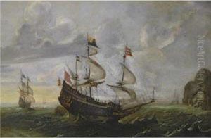 A Man-of-war And Other Shipping In Choppy Seas Along A Rockycoast by Cornelis Verbeeck