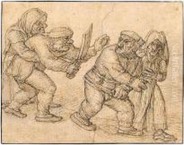 Two Peasants Fighting, Their Wives Trying To Restrain Them. - view 1